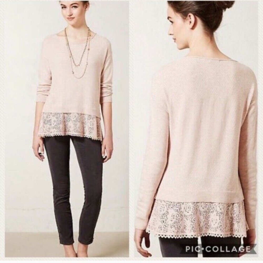 Anthropologie Knitted & Knotted Blush Lace Sweater